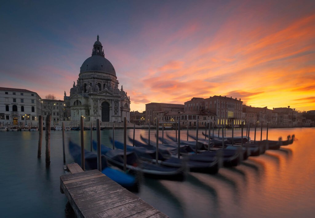 Basilica di Santa Maria della Salute at sunset, Venice, Italy.