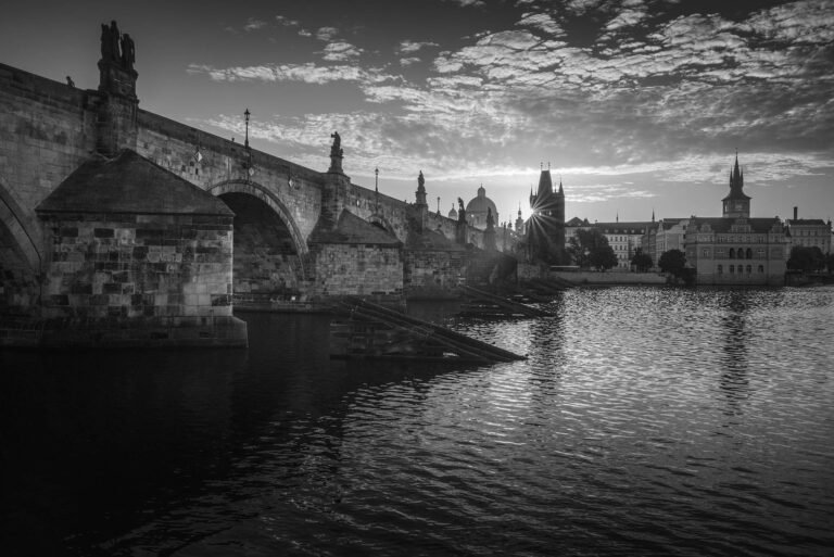 Charles Bridge in black and white in Prague