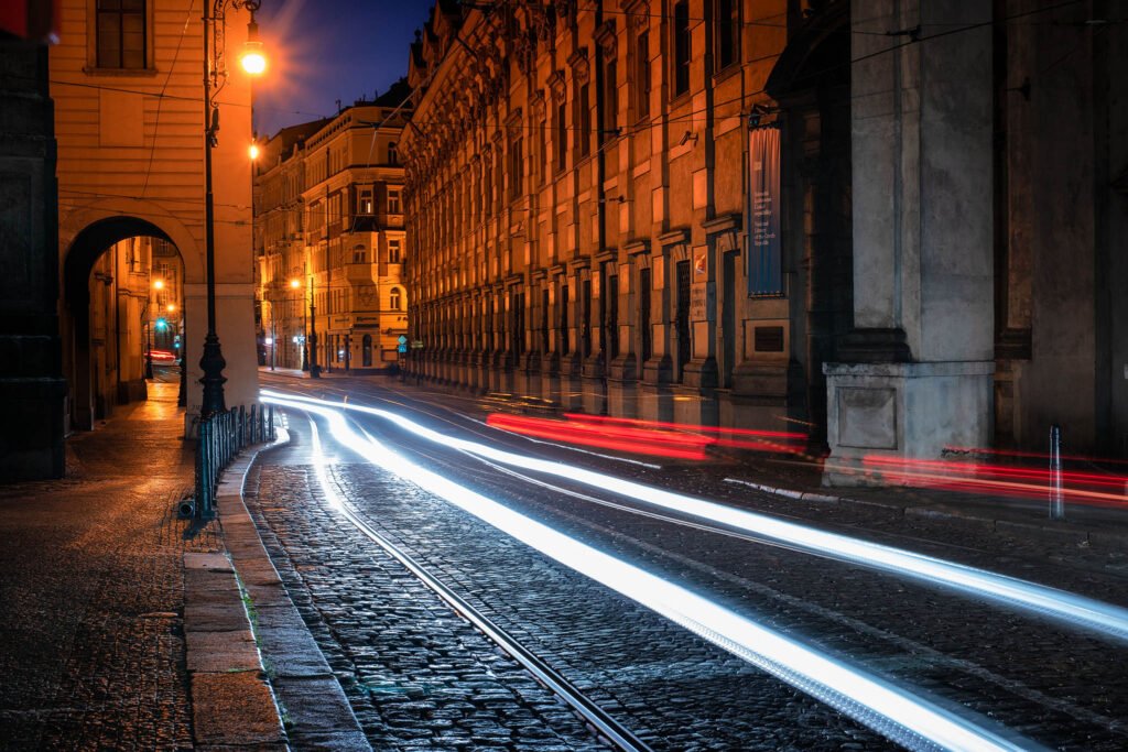 Light trails in Prague early morning