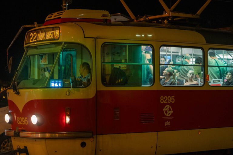 Tram in Prague at night