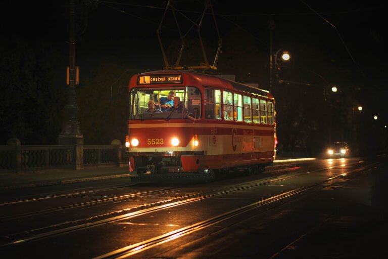 Tram in Prague at night