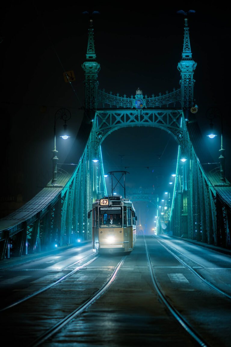 Night tram at Liberty Bridge, Budapest, Hungary. Taken on my Budapest photography workshop and tour.