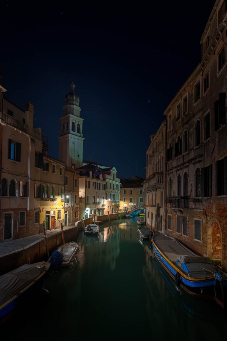 Quiet canal in Venice at night